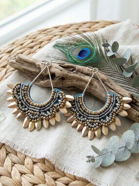 Indian Artisan Beaded Fan Drop Earrings Brass Velvet Boho Festival Statement